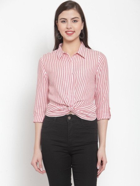 Pink & White Regular Fit Striped Casual Knotted Shirt by Purplicious