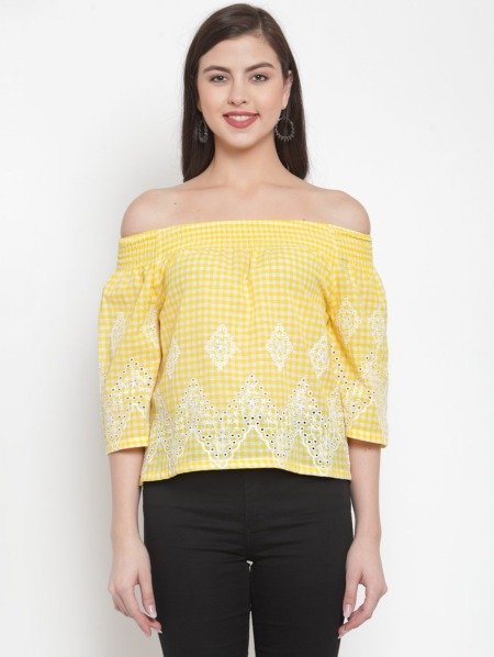 Yellow Checked Schiffli Bardot Embroidered Top By Purplicious
