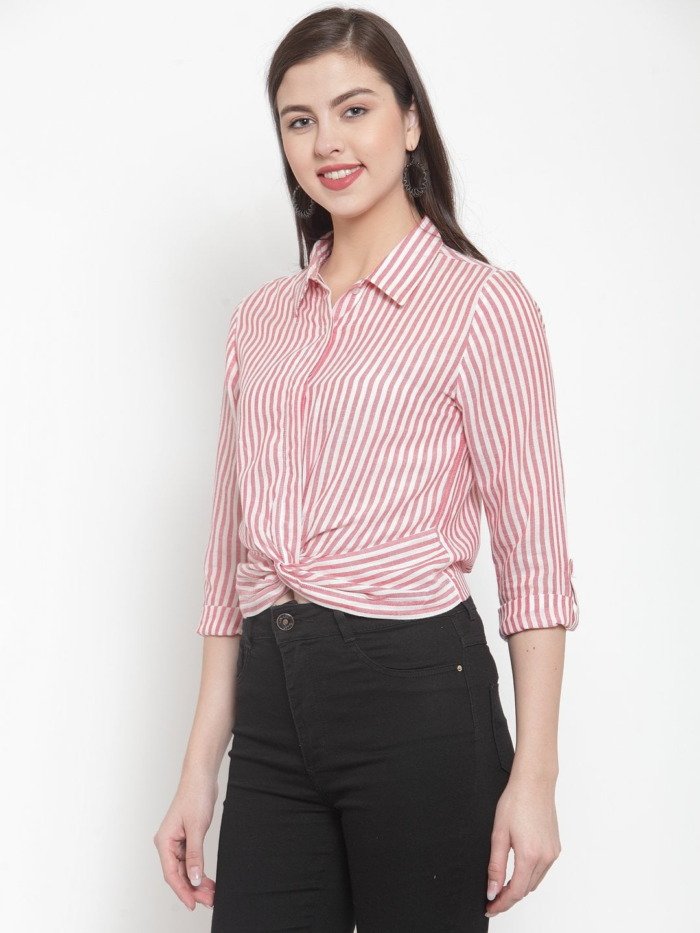 Pink & White Regular Fit Striped Casual Knotted Shirt by purplicious