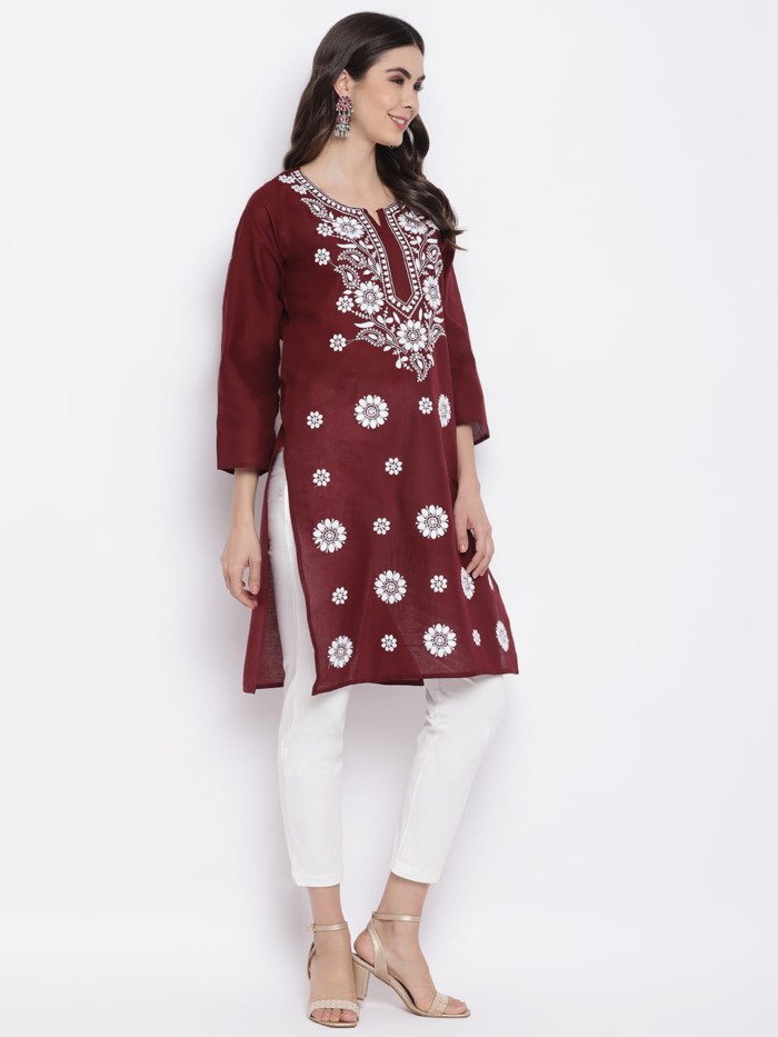 Maroon-White-Chikankari-Embroidered-Cotton-Straight-Kurta-women