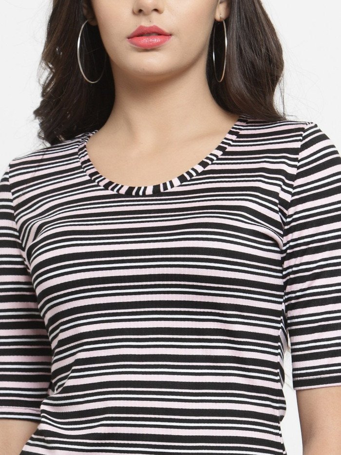 Purplicious Women Black & Pink Striped Round Neck T-shirt