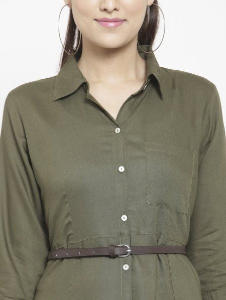 Purplicious Women Olive Green Solid Shirt Dress