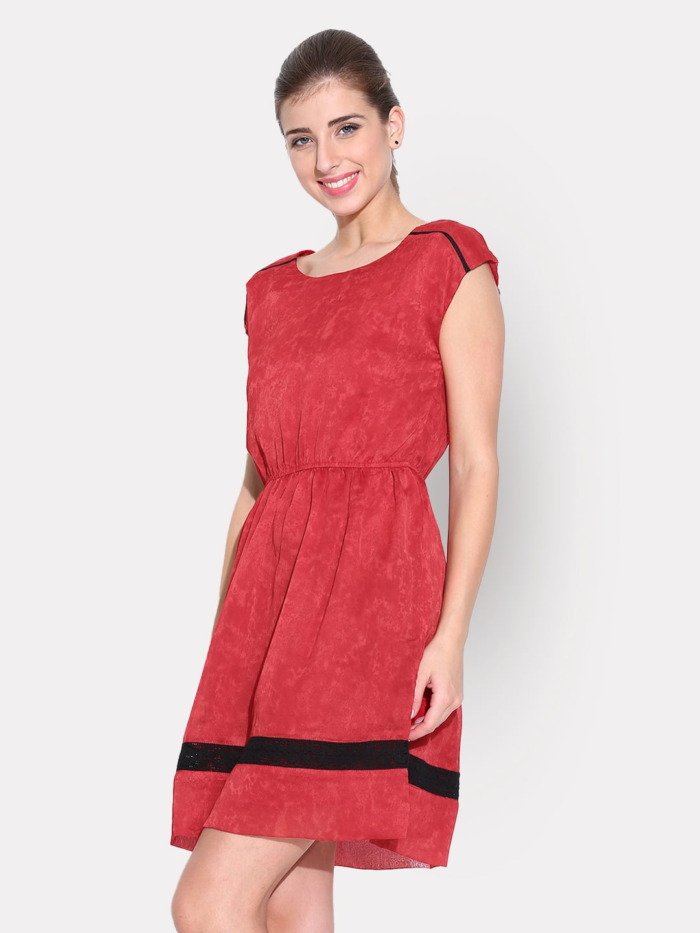 Red Printed Fit & Flare Dress with Lace Details 3