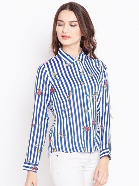 Purplicious Blue and White Floral Striped Casual fit Shirt