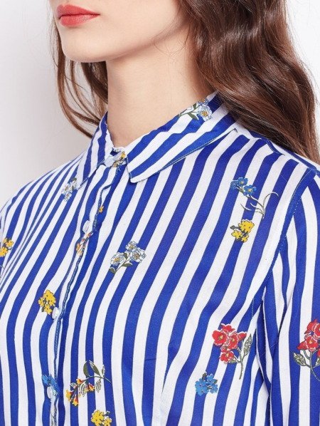 Purplicious Blue and White Floral Striped Casual fit Shirt