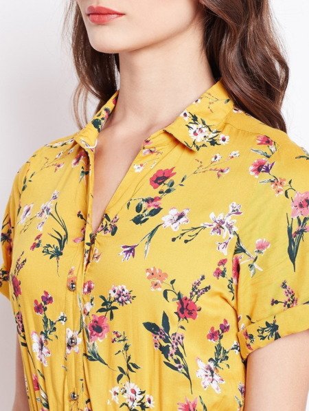 Purplicious Mustard Floral Printed Fit and Flare Dress
