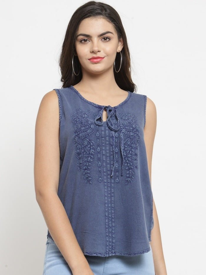 Purplicious Blue Tensile Women Floral Embroidered Top